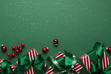 Merry Christmas and Happy Holidays greeting card, frame, banner. New Year. Red Christmas ornaments...