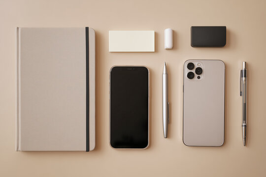 stylish desk setup for professionals, sleek and elegant flat lay with tech gadgets and office supplies