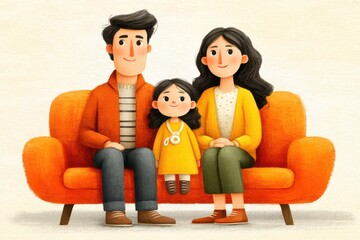 Cute cartoon family sits together on an orange couch, enjoying cozy home time