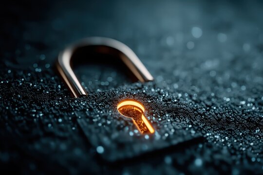 Open padlock and glowing key on dark blue digital security background symbolizing privacy and access