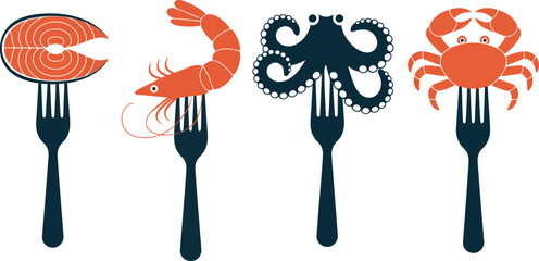 Seafood Meal on Forks Vector Icon Set