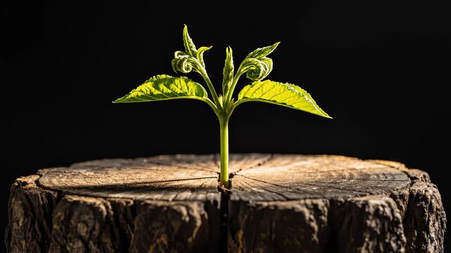 Plant Growing on Tree Trunk in Time Lapse Process on Black Background
