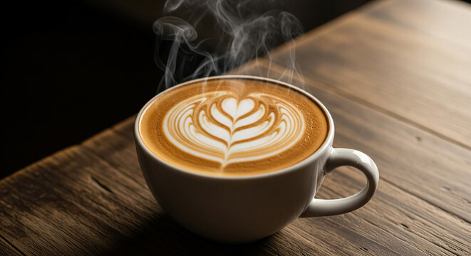 Freshly brewed cappuccino coffee with latte art heart design, warm beverage for cafe menu, morning inspiration, or cozy food and lifestyle photography themes