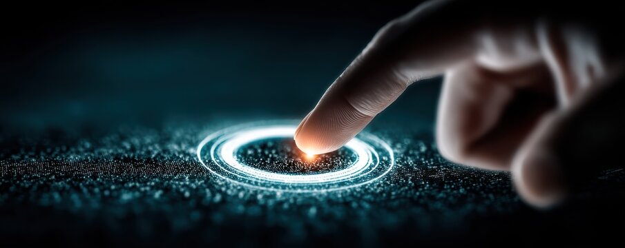 Finger interacting with glowing futuristic interface in a dark environment
