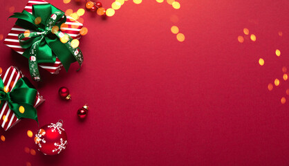 Merry Christmas and Happy Holidays greeting card, frame, banner. New Year. Red Christmas ornaments...