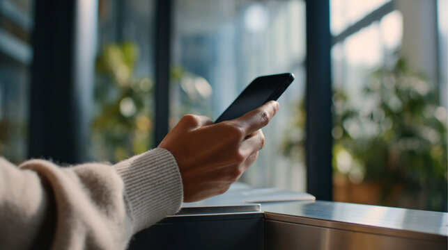 Hands Holding Smartphone on Reflective Surface in Bright Modern Interior, Minimalist Tech Concept