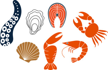 Assorted Seafood Marine Life Icons Vector