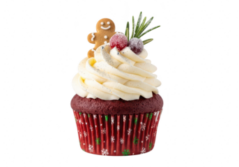A red velvet christmas cupcake with white frosting, gingerbread man, cranberries, and rosemary, creating a festive and delicious treat isolated on a transparent background	