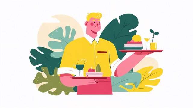 A cheerful waiter in a bright yellow shirt holds two trays of food and drinks, surrounded by tropical leaves.