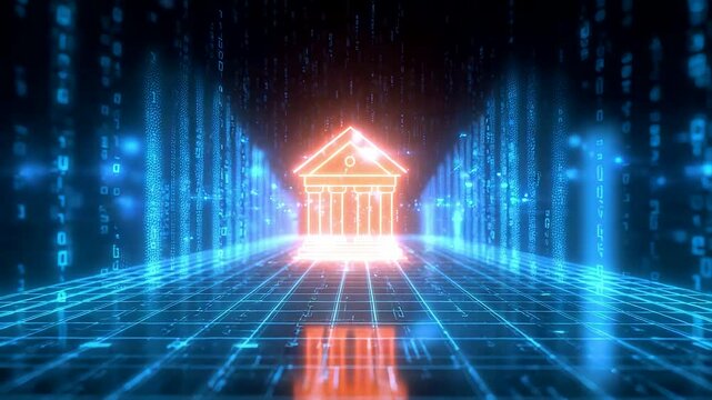 Glowing digital structure shaped like a classical bank building standing on a bright blue data grid with streaming code forming a vibrant virtual scene