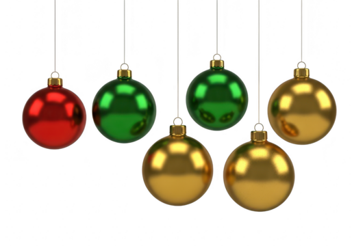 A group of colorful christmas ornaments hanging from above, featuring red, green, and gold baubles, perfect for holiday decorations and festive designs isolated on a transparent background	
