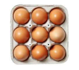 Nine brown eggs in carton isolated on a transparent background