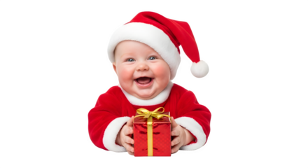 Adorable happy baby wearing santa hat and suit holding a christmas gift isolated on transparent background