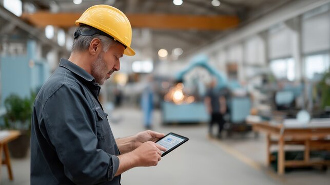 Industrial engineer wearing a hard hat is using a tablet in a factory, surrounded by modern machinery and equipment, showcasing advanced manufacturing technology and workspace dynamics