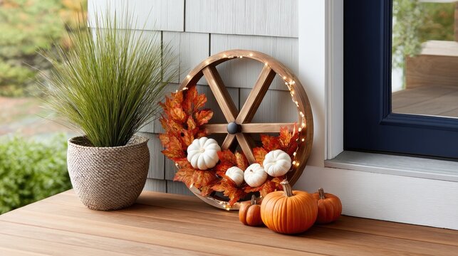 A cozy autumn scene features various pumpkins surrounded by greenery and glowing lights, evoking a festive harvest atmosphere