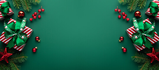 Merry Christmas and Happy Holidays greeting card, frame, banner. New Year. Red Christmas ornaments...