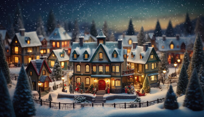 Miniature Snowy Christmas Village with Warm Glowing Lights – Cozy Winter Holiday Scene