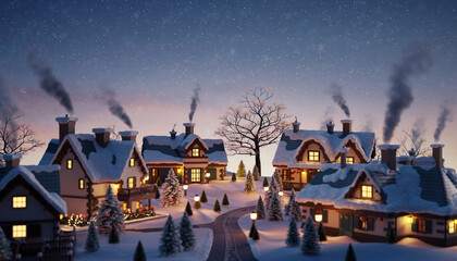 Miniature Snowy Christmas Village with Warm Glowing Lights – Cozy Winter Holiday Scene