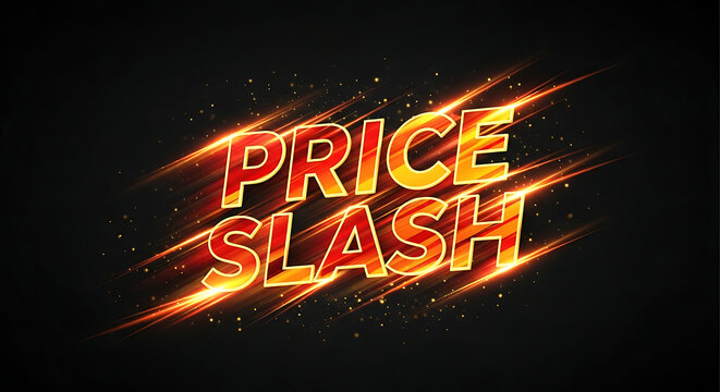 Fiery price slash text effect with dynamic streaks and sparks on a dark background, creating a sense of urgency and excitement for special offers and promotions