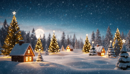 Miniature Snowy Christmas Village with Warm Glowing Lights – Cozy Winter Holiday Scene