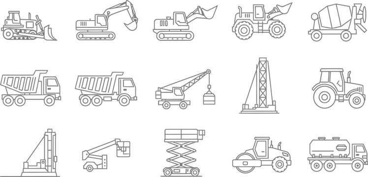 Construction Vehicles Outline Icons Set, Heavy Equipment, Industry Line Art, Machinery