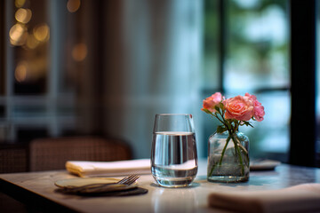serene scene featuring candlelit table with delicate flowers and ambient light reflections