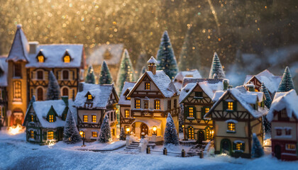 Miniature Snowy Christmas Village with Warm Glowing Lights – Cozy Winter Holiday Scene