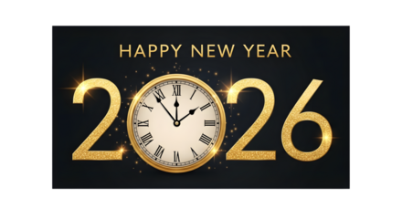 Golden numbers 2026 with a vintage clock showing midnight isolated on transparent background