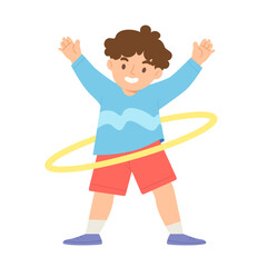 Cheerful little boy playing with Hula Hoop isolated on white background. Fun activity for kids. Body movement and workout. Flat vector illustration.