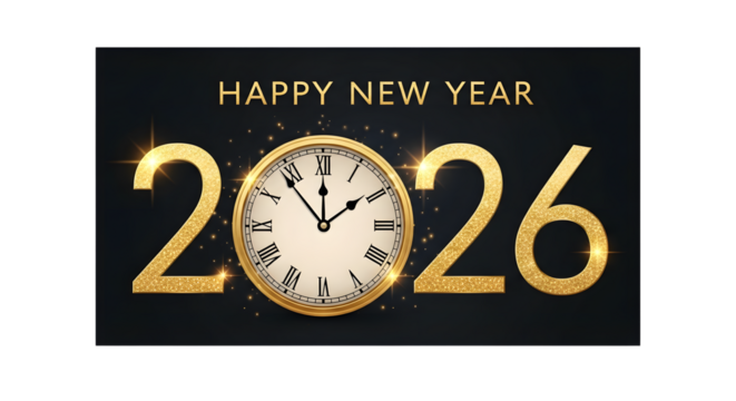 Golden numbers 2026 with a vintage clock showing midnight isolated on transparent background