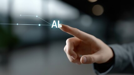 Businessman interacting with glowing AI hologram, showcasing neural network visualization, modern technology concept with cinematic blue neon lighting and professional ambiance