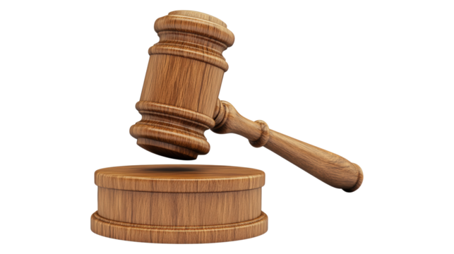 A wooden gavel and a wooden judge's bench, isolated on a transparent background