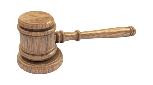 A wooden gavel with a wooden handle, isolated on a transparent background