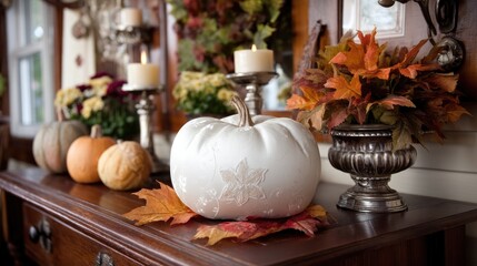 A wooden bench adorned with autumn leaves and pumpkins creates a cozy vibe for fall gatherings