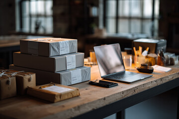 organized packing operation, small business packaging station equipped for order fulfillment tasks