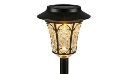 A decorative black solar-powered LED garden pathway light with a patterned glass lens, glowing with warm light, isolated on a clean transparent background
