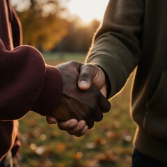 Two hands, two worlds, one firm shake—no flags, no words, just pure human connection. A moment of unity between cultures, captured in perfect detail: skin tones, textures, light, and quiet dignity. Th
