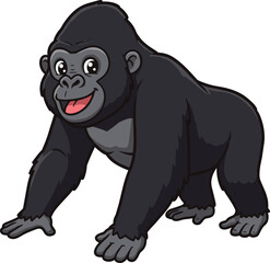 Cartoon gorilla with playful smile and expressive eyes, vector illustration for wildlife education, jungle character design, and friendly animal concept