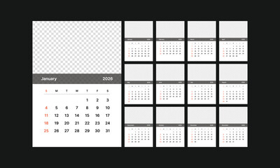 Monthly calendar 2026 week start Sunday corporate design template vector, wall desk calendar in a minimalist style, editable, transparent