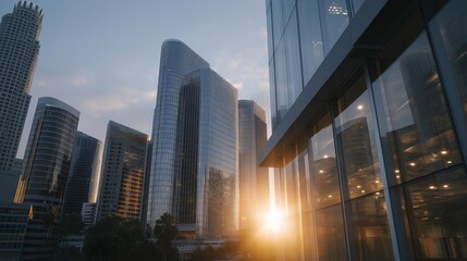 Fototapeta premium USA flag reflected on the glass facade of a modern corporate skyscraper during sunrise, representing urban patriotism, modern architecture, and symbol of American business and progress. cinematic