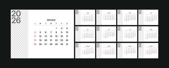 Monthly calendar 2026 week start Sunday corporate design template vector, wall desk calendar in a minimalist style, editable, transparent