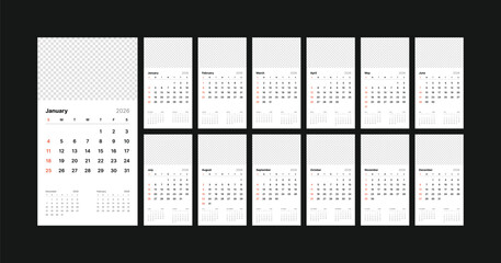 Monthly calendar 2026 week start Sunday corporate design template vector, wall desk calendar in a minimalist style, editable, transparent