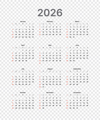 Monthly calendar 2026 week start Sunday corporate design template vector, wall desk calendar in a minimalist style, editable, transparent
