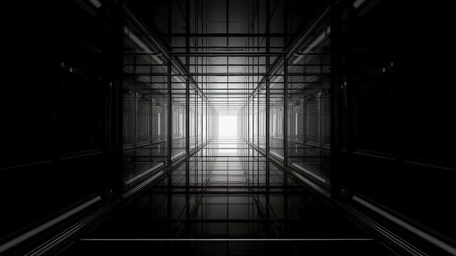 Dark geometric tunnel with reflective metal structures leading toward a bright white light, creating a dramatic sense of depth and architectural symmetry