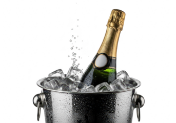 A chilled champagne bottle in an ice bucket, perfect for celebrating special occasions, toasting to success, and enjoying festive moments isolated on a transparent background