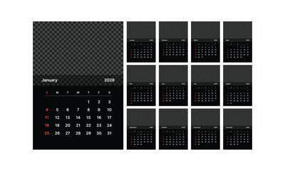 Monthly calendar 2026 week start Sunday corporate design template vector, black wall desk calendar in a minimalist style, editable, transparent
