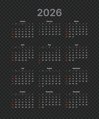 Monthly calendar 2026 week start Sunday corporate design template vector, black wall desk calendar in a minimalist style, editable, transparent