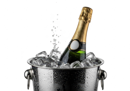 A chilled champagne bottle in an ice bucket, perfect for celebrating special occasions, toasting to success, and enjoying festive moments isolated on a transparent background	