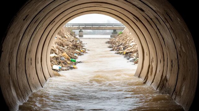 Dirty, brown water entering a large round concrete storm drain, highlighting pollution and urban water management infrastructure issues.