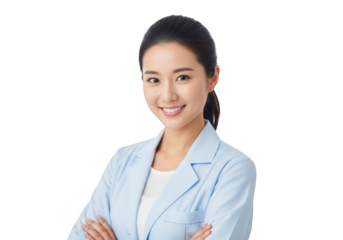 Young asian female medical professional with a friendly smile wearing a white lab coat arms crossed isolated on transparent background